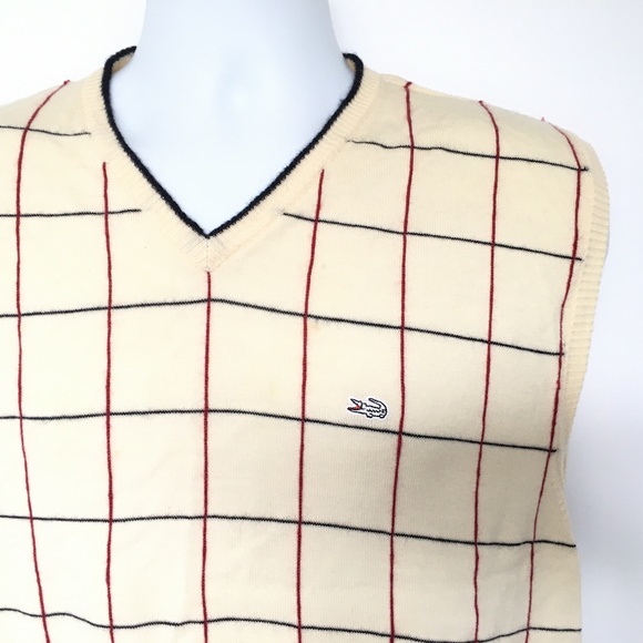 Crocodile Sweater Vest V Neck Beige Red Black Check Sz L Preppy Golf Merino Wool - Picture 2 of 6